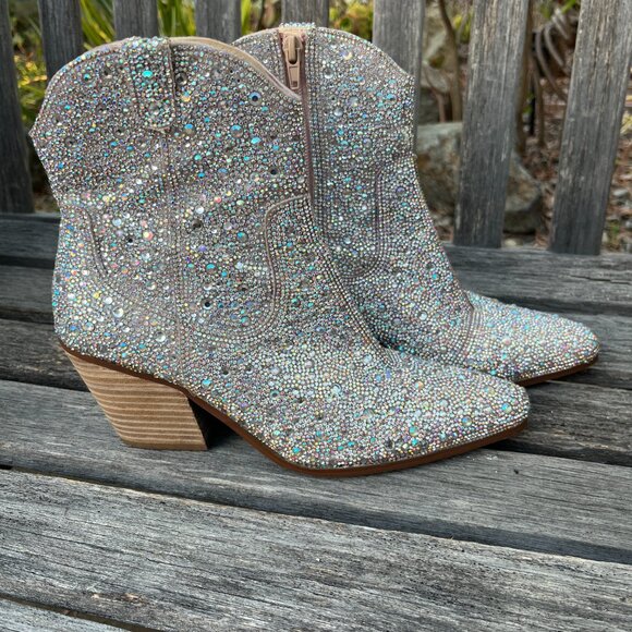 Betsey Johnson Diva Emory Glass Stones Zipper Cowboy Western Booties, Size 7.5 - Picture 1 of 16
